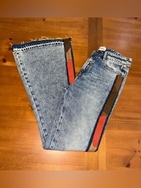 Driftwood Farrah NWOT Aztec Suede Trim Flare Denim Jeans 26/34 Raw Hem Boho Hip